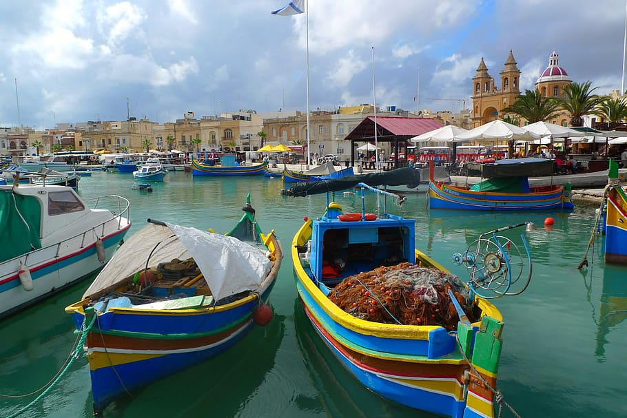 two, green-and-blue paddle boats, body, waters, fishing boat, picturesque, port, marsaxlokk, malta, gozo