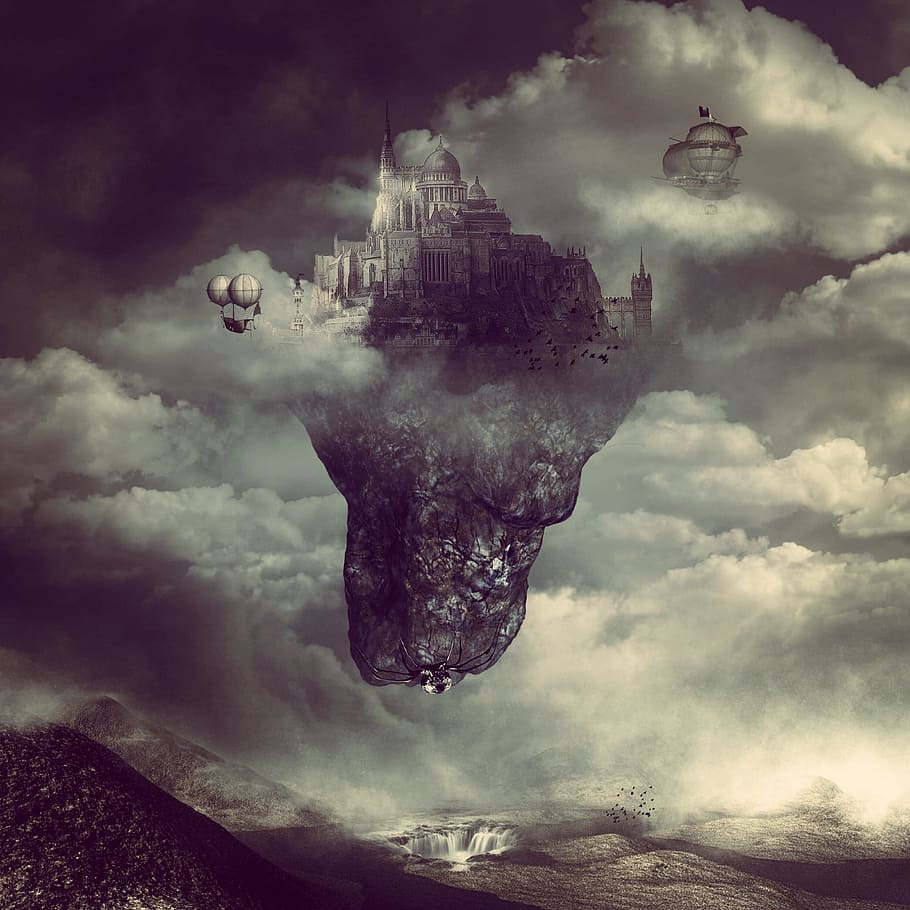 gray, floating, island painting, landscape, fantasy, city, antique, sky, clouds, fortress