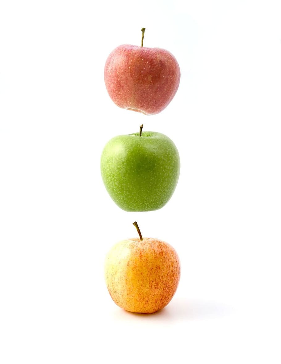 three, assorted, variety, apples, red, green, orange, apple, fruits, levitate, traffic