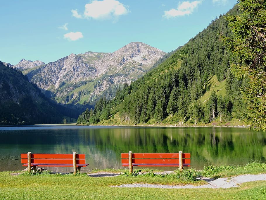 vilsalpsee, tannheim, natural bathing lake, mountain, water, beauty in nature, scenics - nature, plant, tree, lake