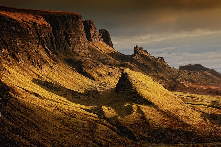 brown rocky mountain, landscape, scotland, nature, highlands and islands, quairaing, mountains, isle of skye, hill, sky