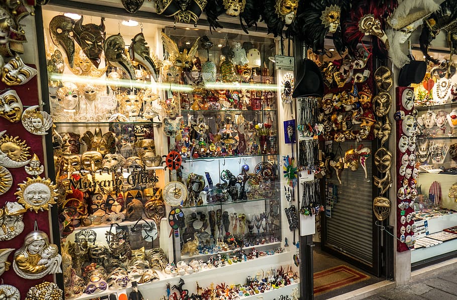 masks, venice, masquerade, souvenirs, italy, shop, choice, variation, retail, for sale