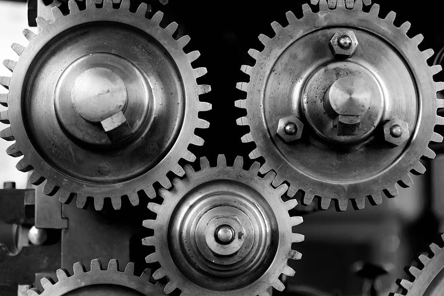 grayscale photo, gears, close-up, cogs, machine, machinery, mechanical, mechanism, metal, part