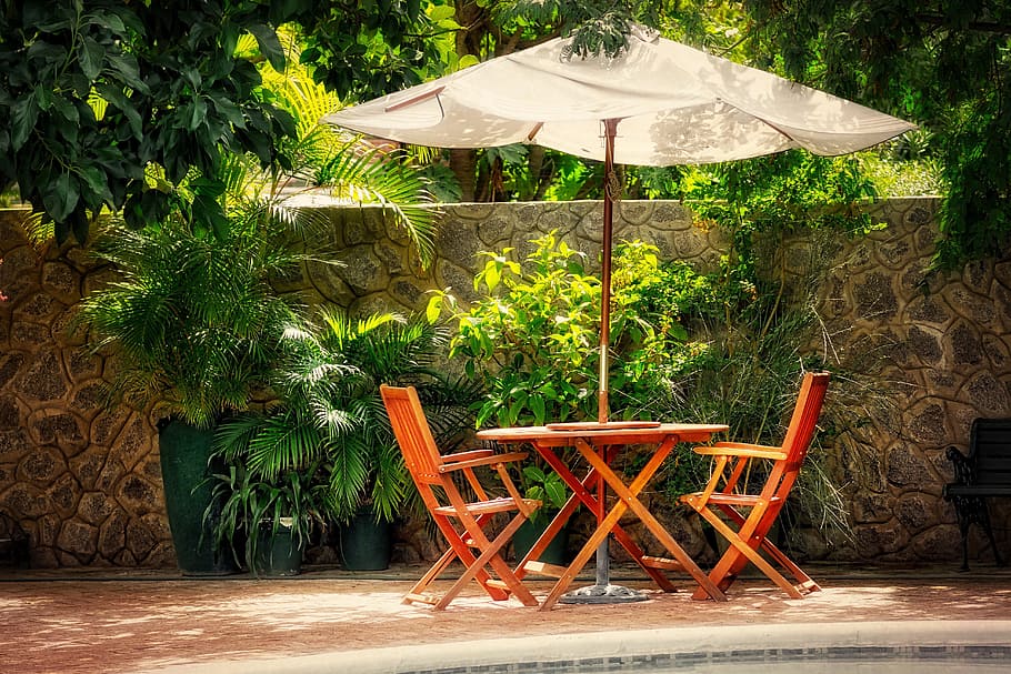 Sombrilla blanca, pantalla, mesa, silla, zona de estar, sombrilla, tropical, exótico, iluminación, África