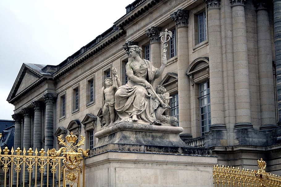 female, statue, building, palace, versailles, france, ornate, architecture, heritage, fence