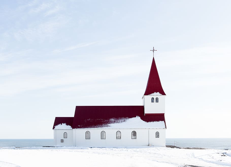 snow, winter, church, building, structure, sea, water, clouds, sky, built structure