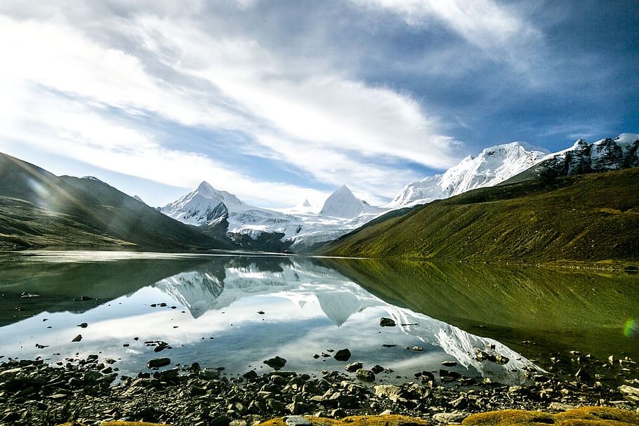 sapp kailash, scenery, travel, reflection, snow mountain, mountain, scenics - nature, beauty in nature, sky, water