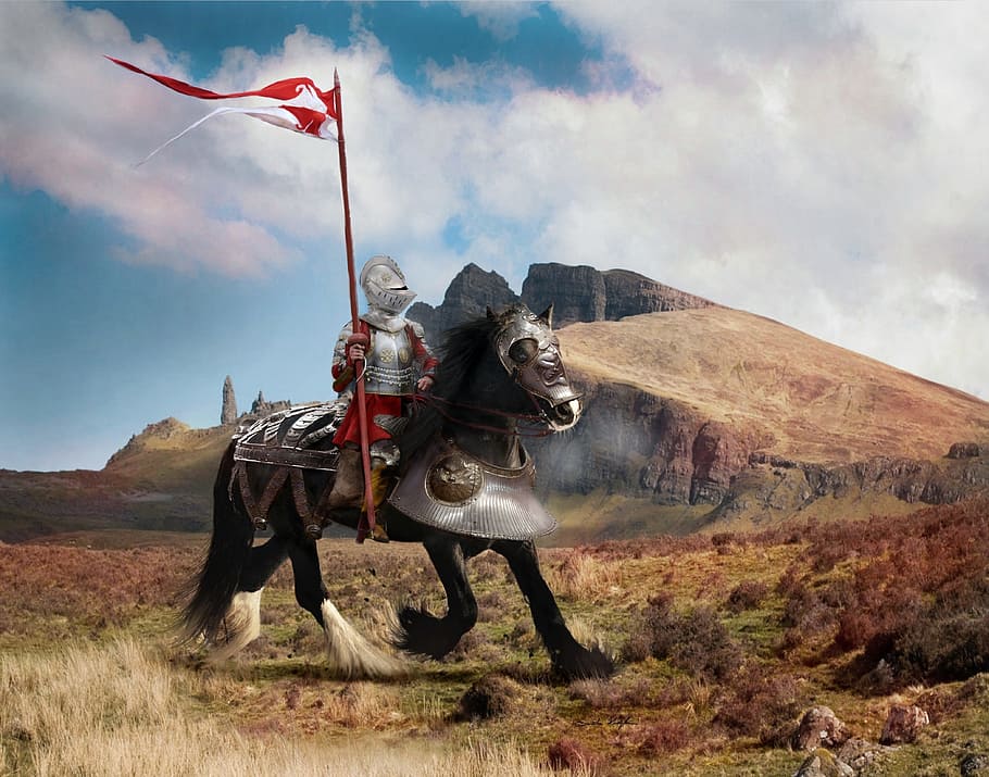 knight, holding, flag, riding, horse, daytime, fantasy, battle, warrior, armor