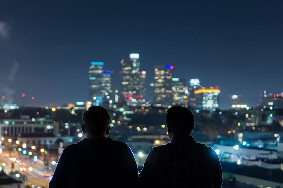 two, men, viewing, city, night, at night, people, man, cityscape, urban Skyline