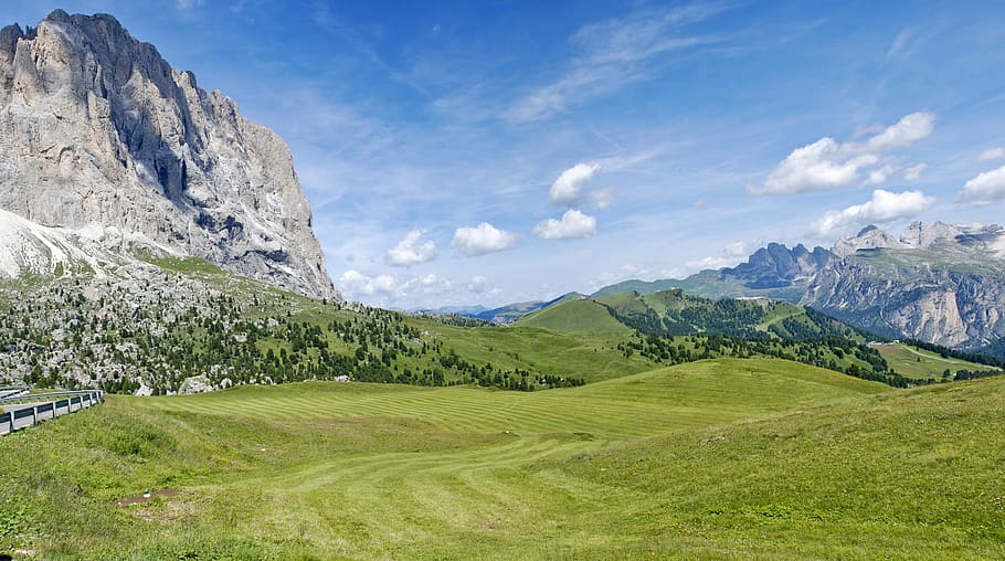 mountains, nature, landscape, rock, dolomites, sella yoke, panorama, alpine, mountain landscape, austria