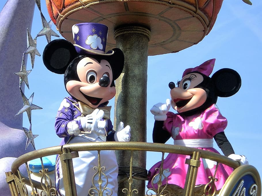 disney mickey, minnie mouse mascots, blue, sky, Disney, Torque, Mice, Mickey Mouse, minnie mouse, mouth open