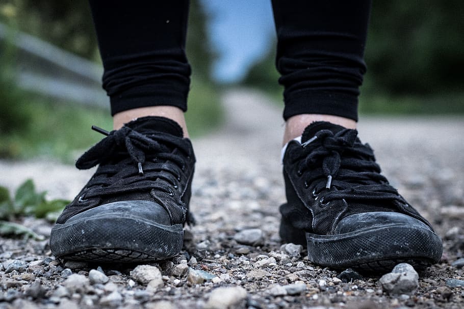 black, sneakers, shoes, girl, female, stones, ground, close up, fashion, low section