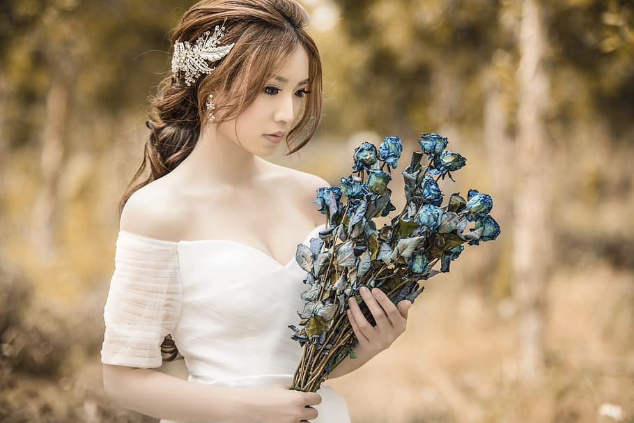 woman, white, cold-shoulder dress, holding, blue, flower bouquet, character, forest, white dress, bride