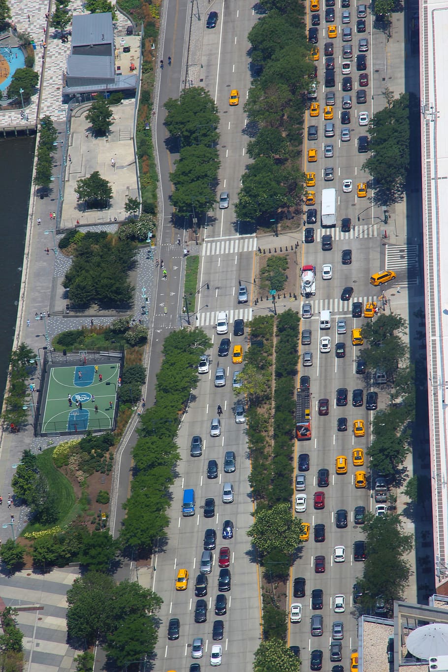 Nova York, York, Rua, Táxi, Amarelo, Tráfego, engarrafamento, carros, perspectiva, acima