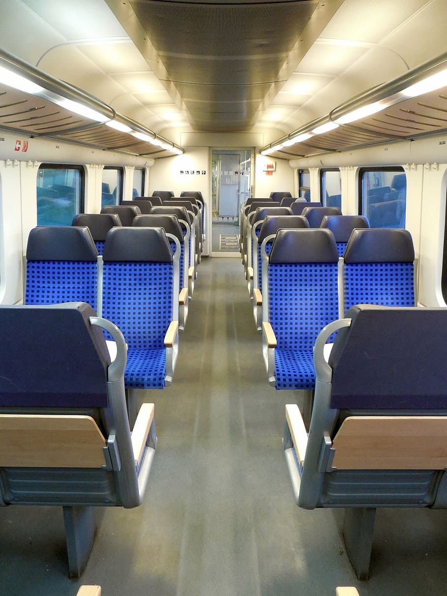 sentarse, asientos, tren, viajar, filas de asientos, deutsche bahn, pasajeros, en movimiento, medios de transporte público, vacío