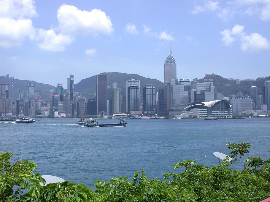 Hongkong, kota, Hong, kong, pencakar langit, sungai, pemandangan, langit, awan, metropolis