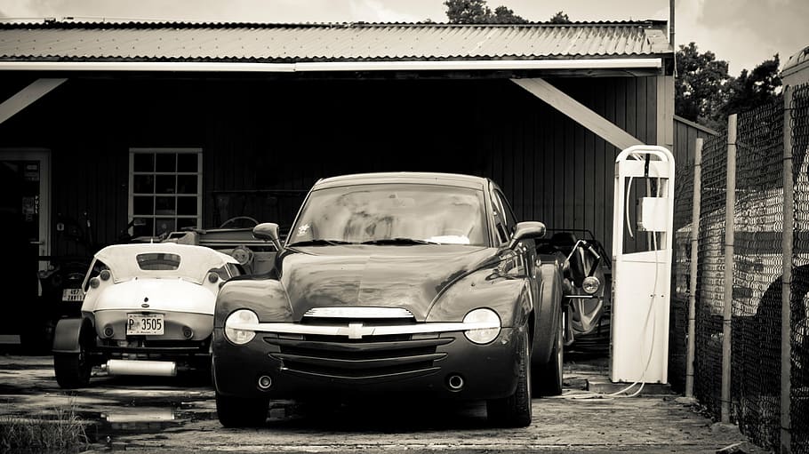 carros, estacionado, casa, escala de cinza, fotografia, carro, vintage, garagem, automotivo, preto e branco