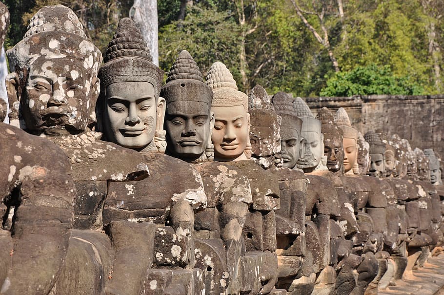 estátuas, demônios, camboja, sudeste, ásia, religião, crença, espiritualidade, representação, representação humana