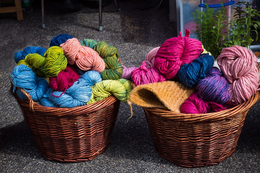 spool, yarns, two, baskets, wool, cat's cradle, hand labor, crochet, fluffy, knitting