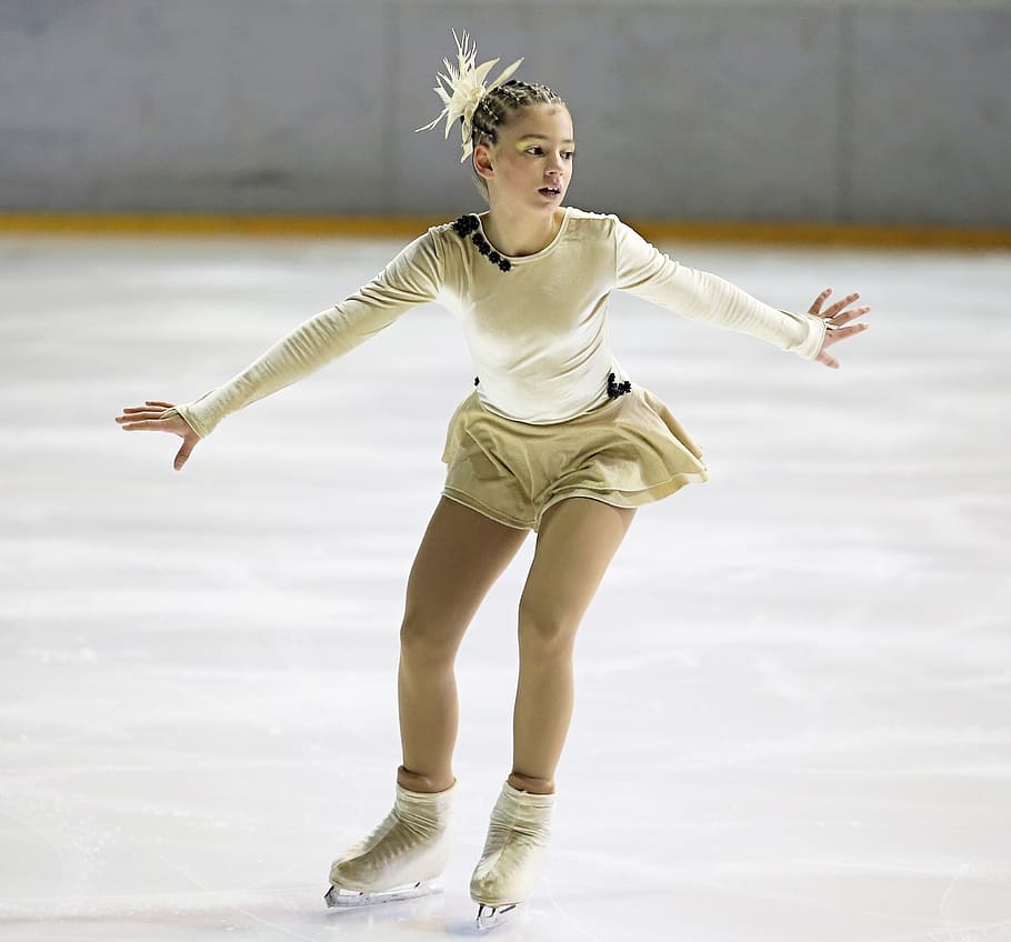 girl, wearing, white, long-sleeved, mini dress, figure skates, figure skater, ice skater, ice, elegant
