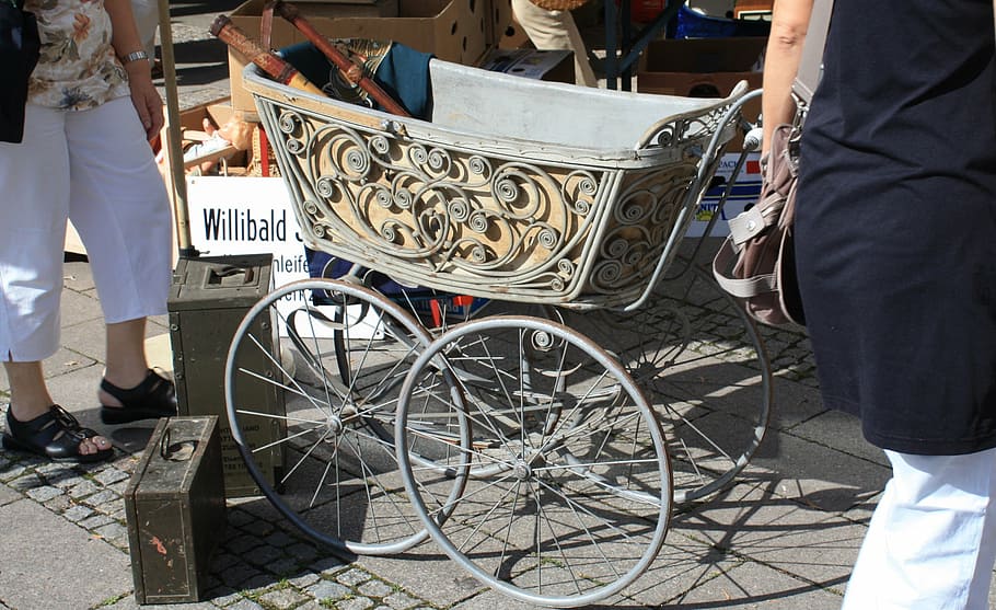 baby carriage, doll prams, antique, flea market, box, browse, junk, antiquariat, people, real people