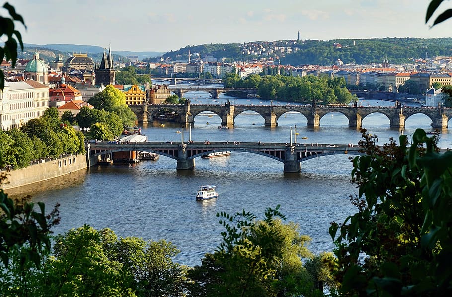 jembatan, prague, Ceko, musim semi, sore, pariwisata, Eropah, Pemandangan kota, sungai, vltava
