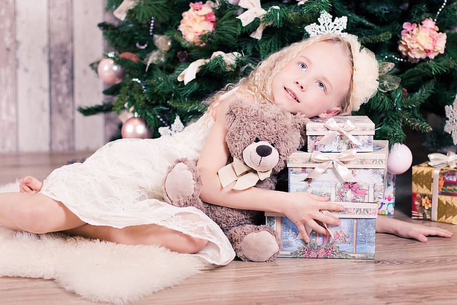 child, lying, floor, christmas tree, hugging, teddy, bear, gift boxes, girl, baby