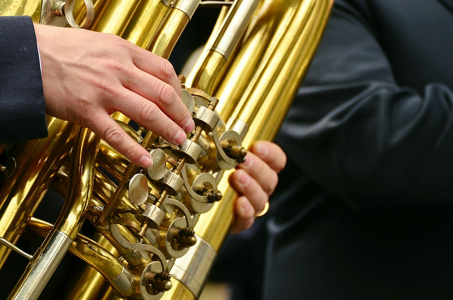gold musical instrument, tuba, brass band, musical instrument, marching, brass instrument, blowers, instrument, wind instrument, music