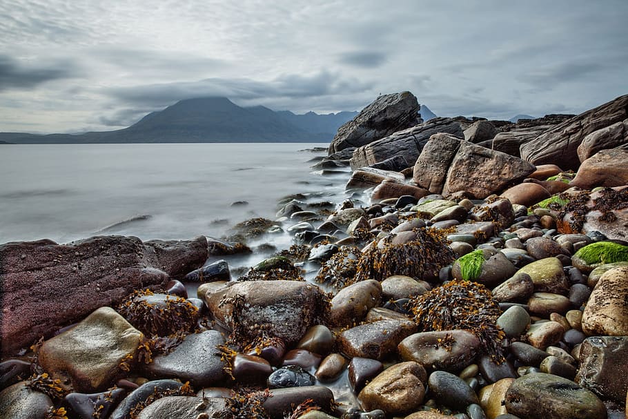 돌, 해변, 산, 흐린, 하늘, 낮, 바닷가, 록, 연안, 스코틀랜드