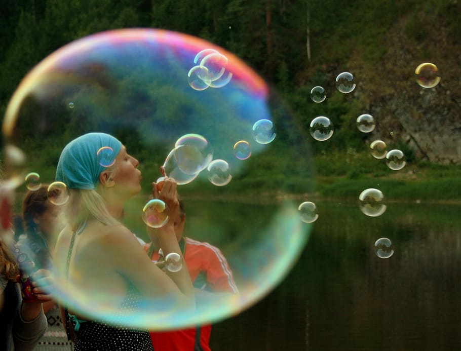 woman, bubbles, daytime, soap bubbles, girl, vacation, fun, bubble, soap Sud, blowing