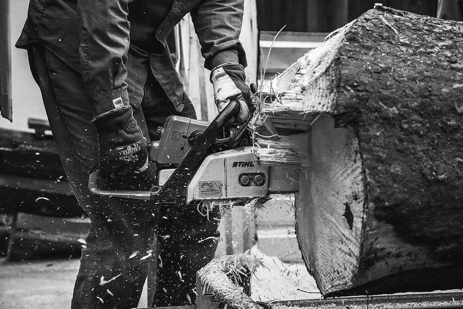 grayscale photography, person, cutting, log, using, chainsaw, grayscale, man, holding, guy