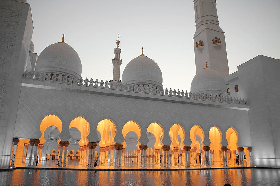 blanco, mezquita, nublado, cielo, jeque, Zayed, Emiratos Árabes Unidos, árabe, arquitectura, hito