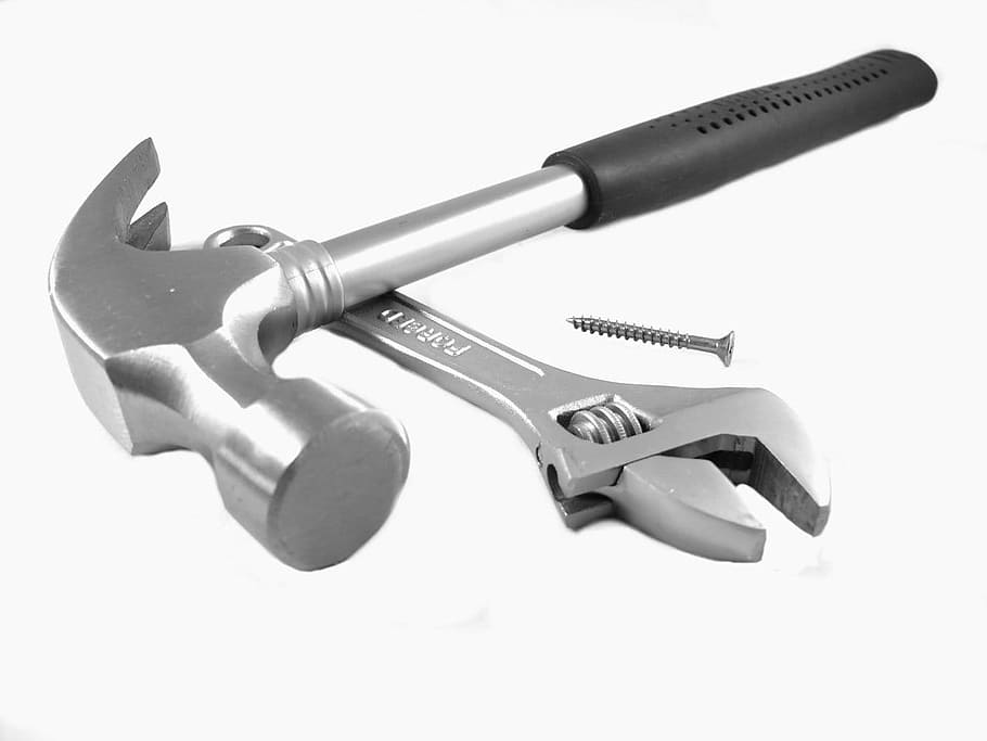 black, gray, claw hammer, adjustable, wrench, adjustable wrench, tools, hammer, nail, nails