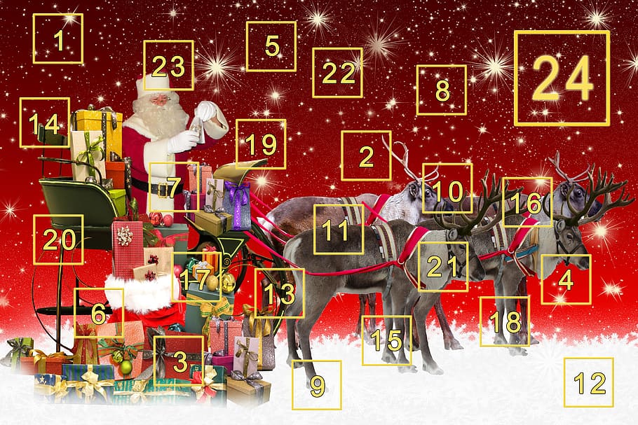 산타 클로스, 썰매, deers 일러스트, 출현 달력, 출현, 선물, 놀람, 니콜라스, 문, 크리스마스