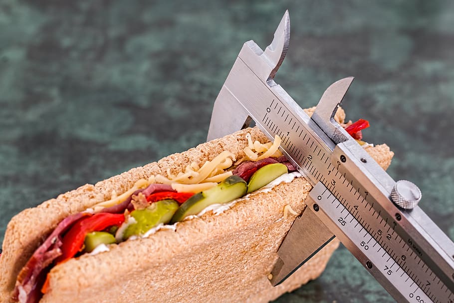 sandwich, measured, gray, vernier caliper, diet, calorie counter, weight loss, health, food, lifestyle