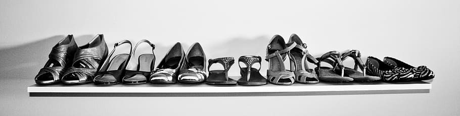 グレースケールの写真, 靴のコレクション, 靴, ファッション, 女性, 水平, 線, スタイル, 黒と白, イラスト