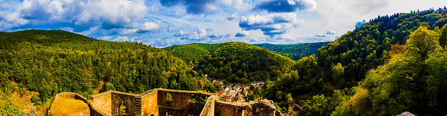 ruin, castle, burgruine, sky, clouds, landscape, nature, forest, mountains, pure country-palatinate
