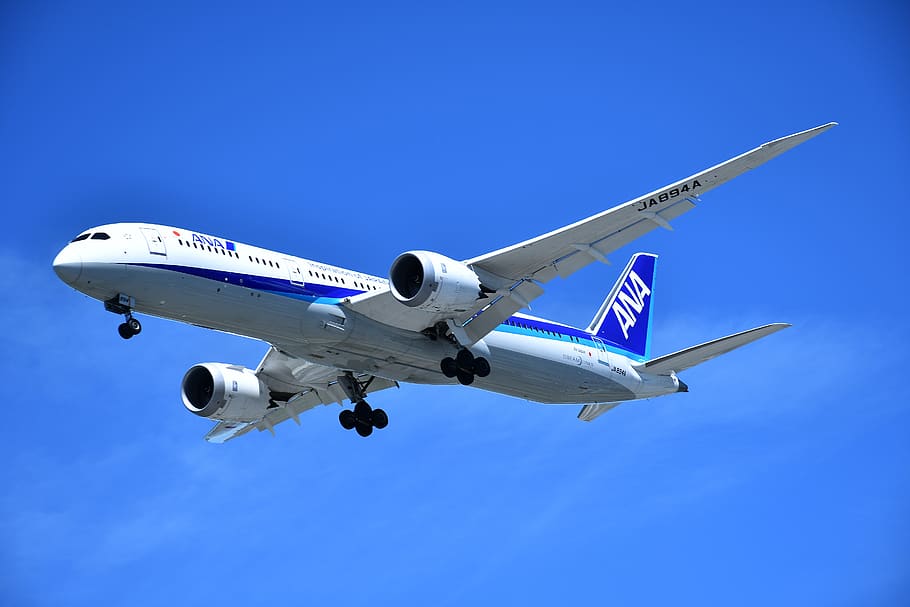 passenger airplane, jet plane, modern airplane, air vehicle, airplane, blue, transportation, mode of transportation, flying, travel