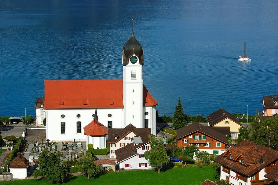 lake lucerne region, church, switzerland, blue, lake, building exterior, architecture, built structure, building, place of worship