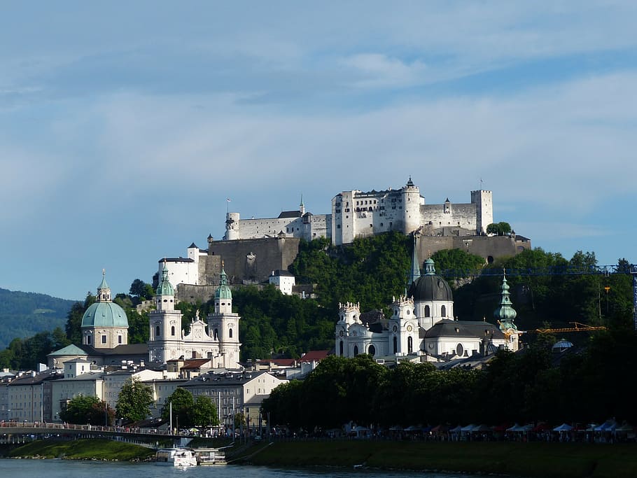 castle, surrounded, trees, dome buildings, body, water, salzburg, old town, city, historic preservation