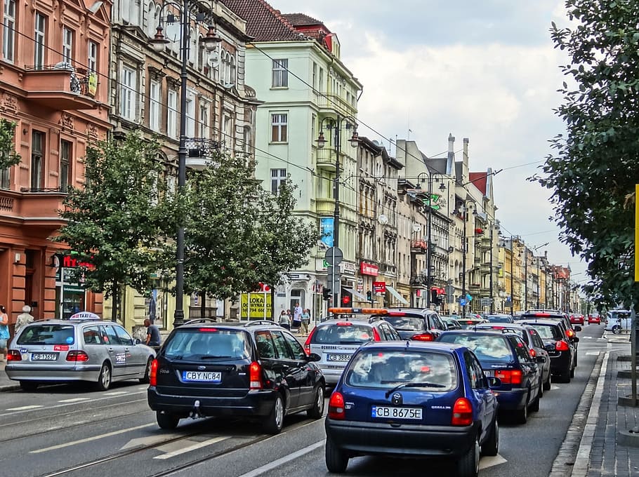 gdansk, rua, bydgoszcz, centro da cidade, carros, tráfego, urbano, polônia, edifícios, cidade