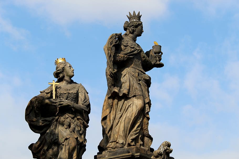 charles bridge, prague, holy, sculpture, stone figure, barbora, elisabetha, city, czech republic, historically