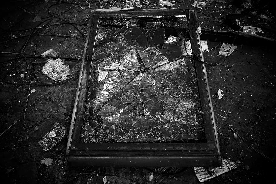 greyscale photo, broken, glass, greyscale, broken glass, lost places, factory, old, leave, industrial building