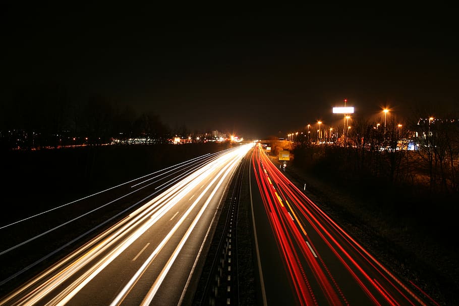 time lapse photography, cars, passing, bridge, nighttime, long exposure, autos, highway, traffic, road