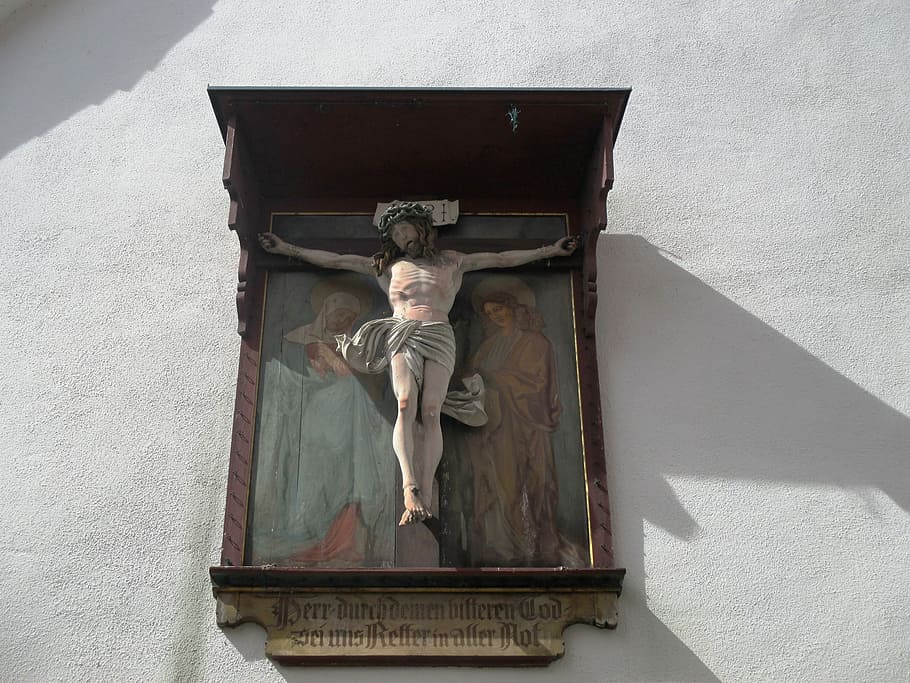 Crucifix, Christianity, Religion, house spirit to the holy, old town, radolfzell am bodensee, germany, statue, male likeness, human representation