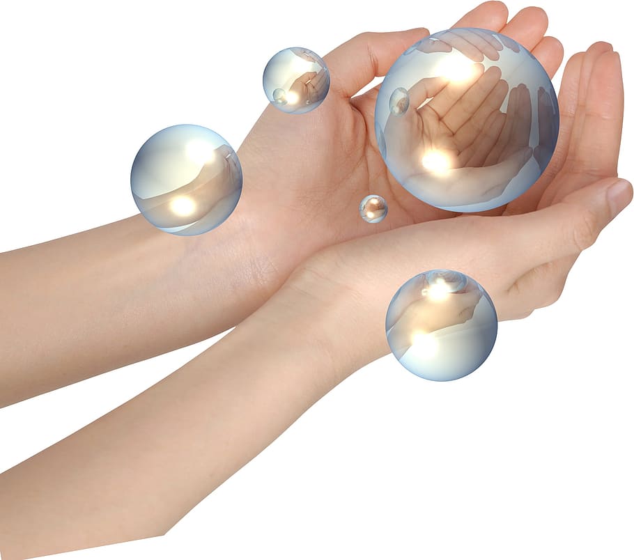 crystal ball, hands open, reflect, glass, blow, float, arrangement, mirroring, art, alienation