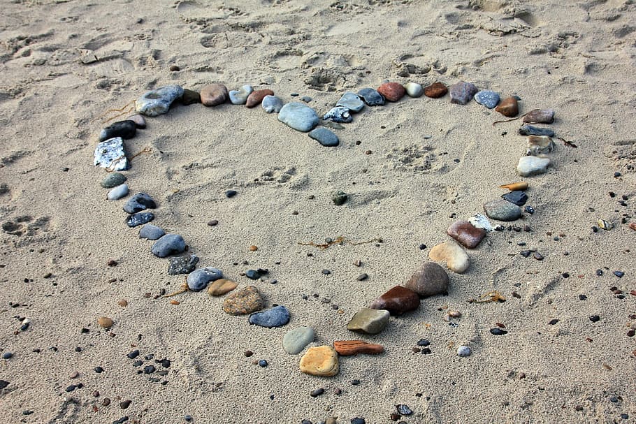 heart, shaped, stone, sand, beach, stones, love, holiday, land, nature
