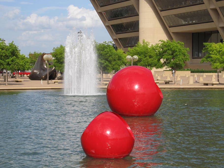 dallas, city hall, fountain, red balls, sculpture, arts, plaza, downtown, texas, pool
