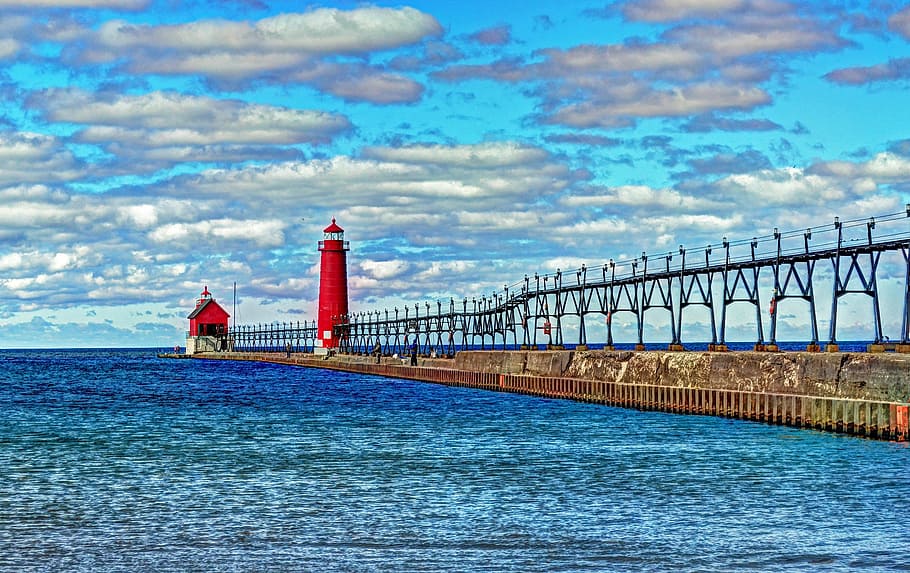 long, exposure photography, red, lighthouse, grand haven pier, lake michigan, light, catwalk, clouds, water