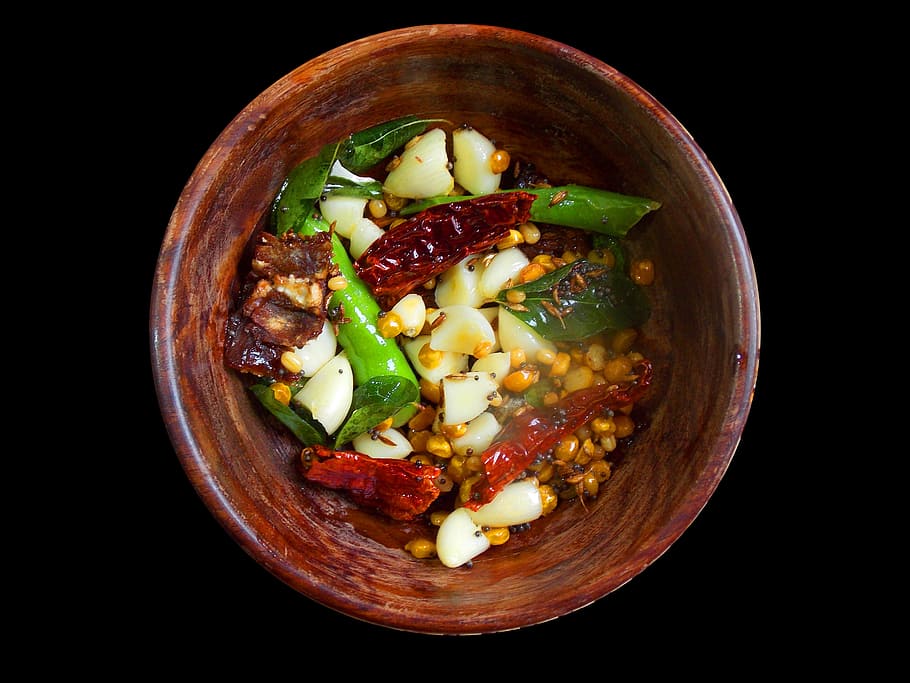 brown, ceramic, bowl, filled, seasonings, indian food, mustard, tamarind, chutney, leaves